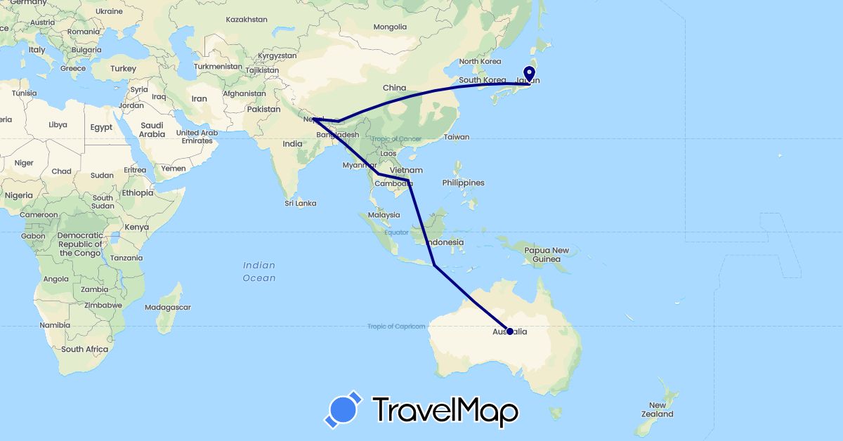 TravelMap itinerary: driving in Australia, Bhutan, Indonesia, Japan, Nepal, Thailand, Vietnam (Asia, Oceania)